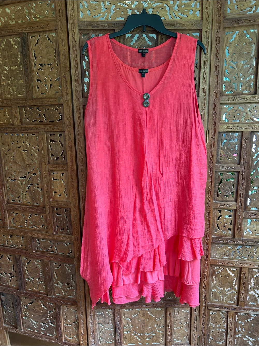 Coco + Carmen Coral-Pink Ruffle-Hem asymmetrical dress.